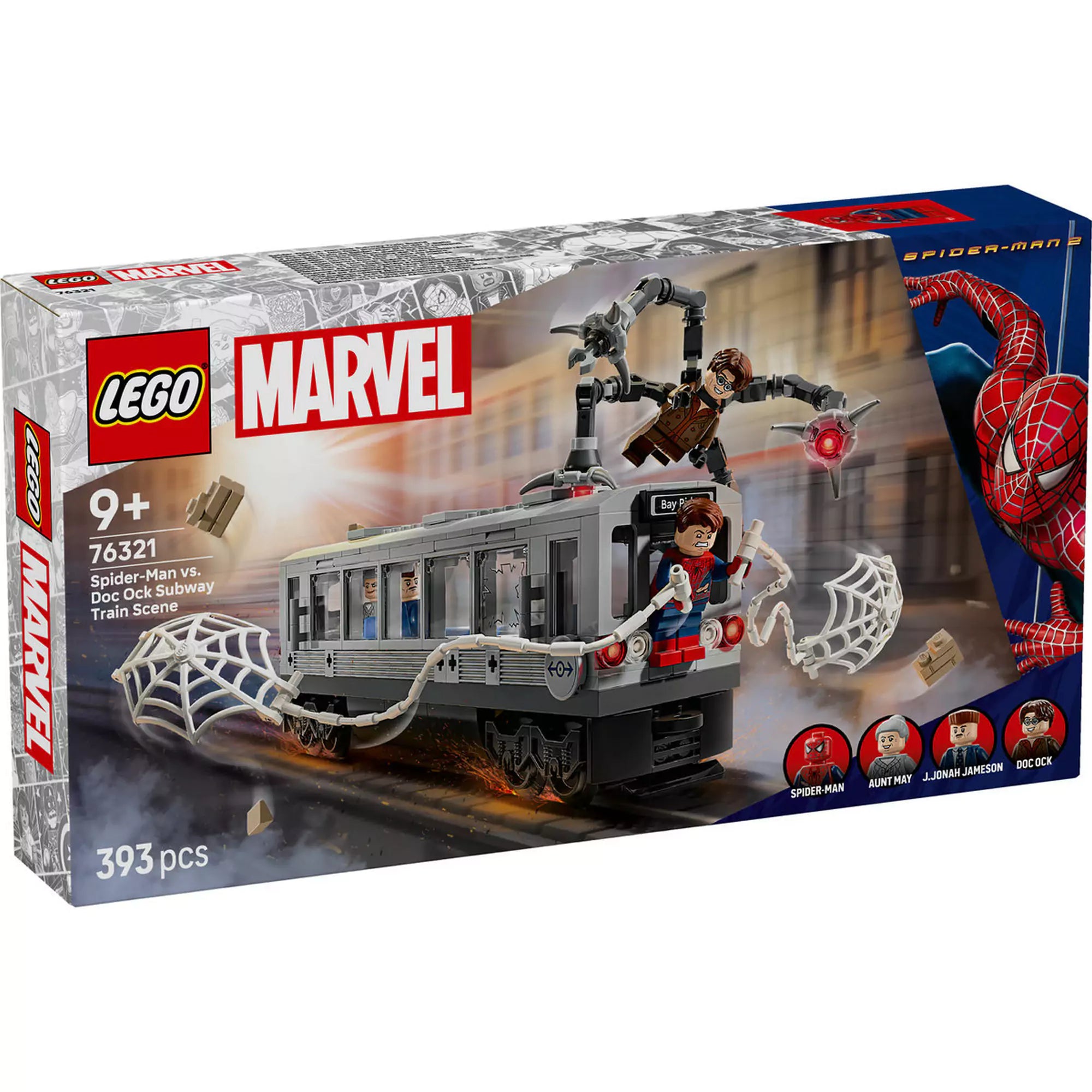 LEGO Marvel Super Heroes: Pókember és Doc Ock csatája a metrókocsiban (76321) dobozkép, Pókember hálót lő a metró elejére, Doc Ock a tetőn támad.