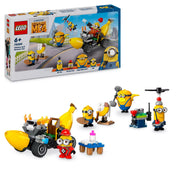 LEGO Minions: Minyonok és banánautó (75580) készlet kibontva, minden elem látható játék közben és a doboz mellett.