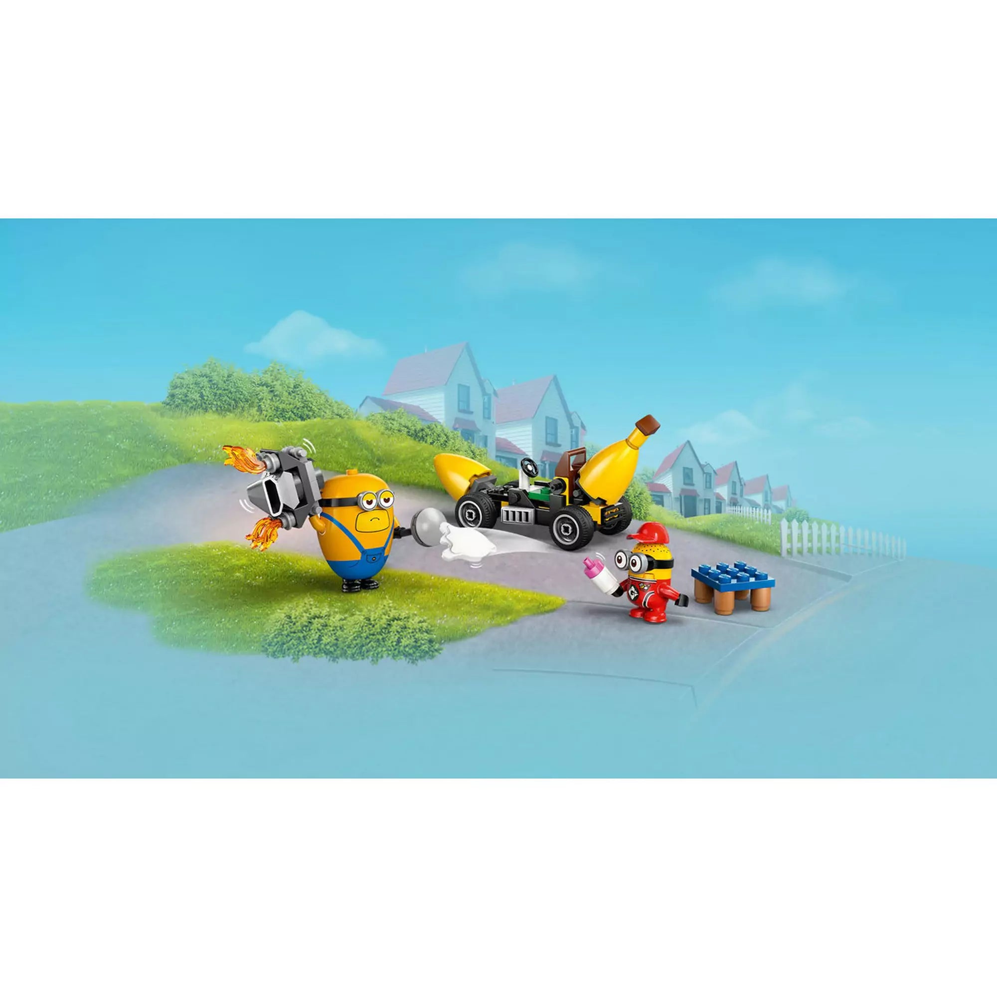 Játékjelenet a LEGO Minions: Minyonok és banánautó (75580) szettből Mega Minyon Dave-vel, Ron minyonnal és a banánautóval.