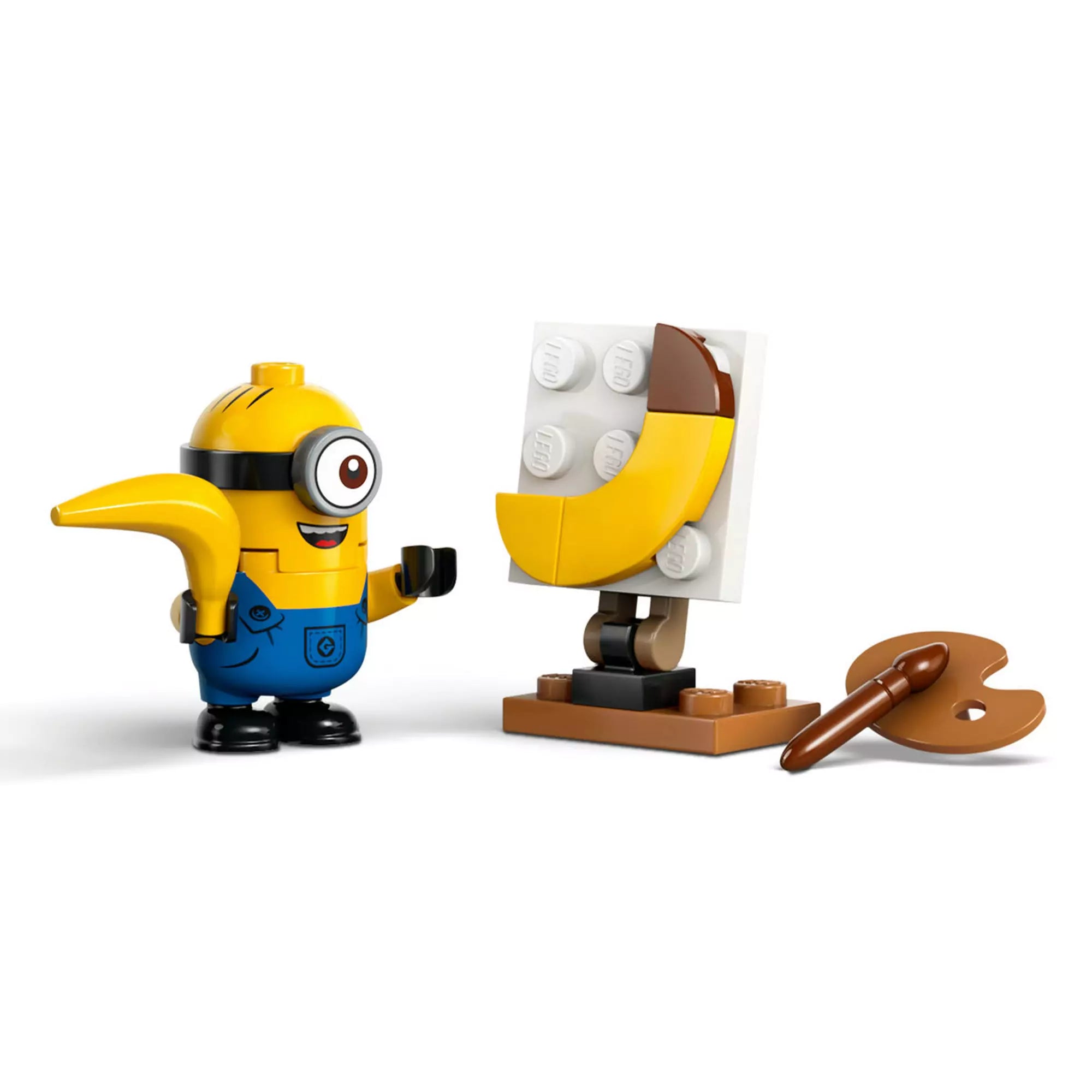 Mel minyon a LEGO Minions: Minyonok és banánautó (75580) készletből banánt fest egy festőállványon.