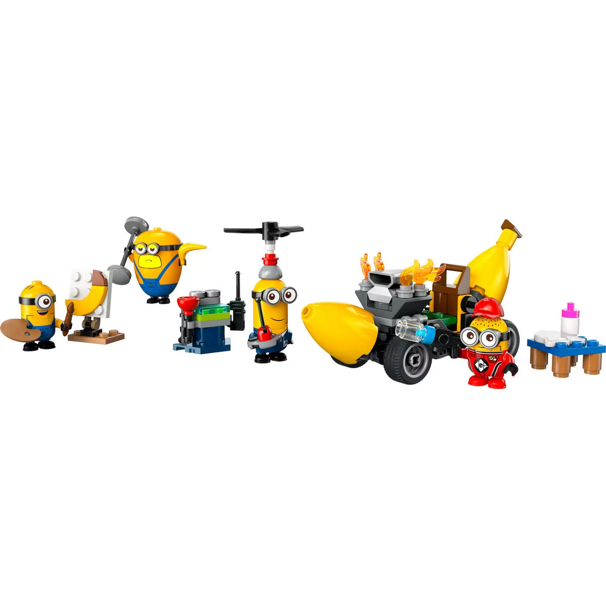 A LEGO Minions: Minyonok és banánautó (75580) teljes tartalma: 4 minyon figura, jármű, festőállvány és kiegészítők.