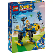 LEGO Sonic the Hedgehog - Cyclone Metal Sonic ellen (77002) dobozának előnézete, amely bemutatja a robotot és a minifigurákat akció közben.