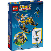 LEGO Sonic the Hedgehog - Cyclone Metal Sonic ellen (77002) dobozának hátoldala, részletesen bemutatva a robot átalakíthatóságát és a játékfunkciókat.