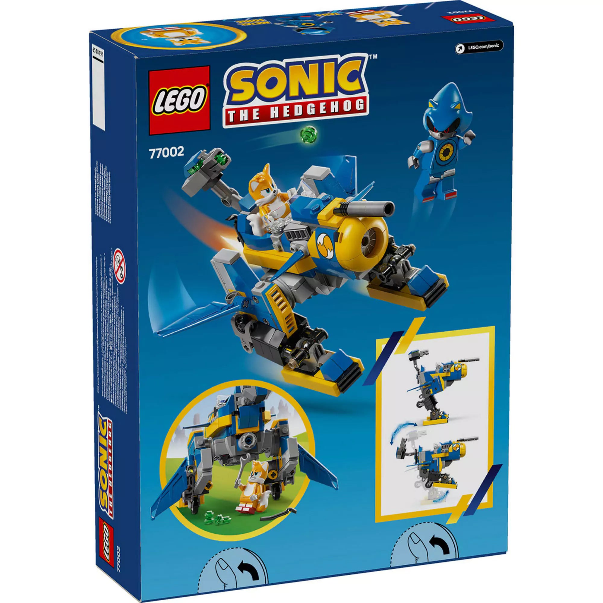 LEGO Sonic the Hedgehog - Cyclone Metal Sonic ellen (77002) dobozának hátoldala, részletesen bemutatva a robot átalakíthatóságát és a játékfunkciókat.