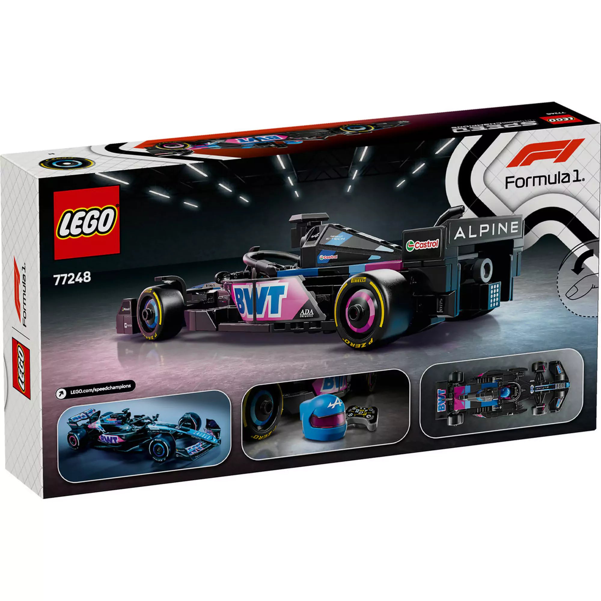 LEGO Speed Champions BWT Alpine F1 Team A524 versenyautó hátlap, részletes nézettel és extra