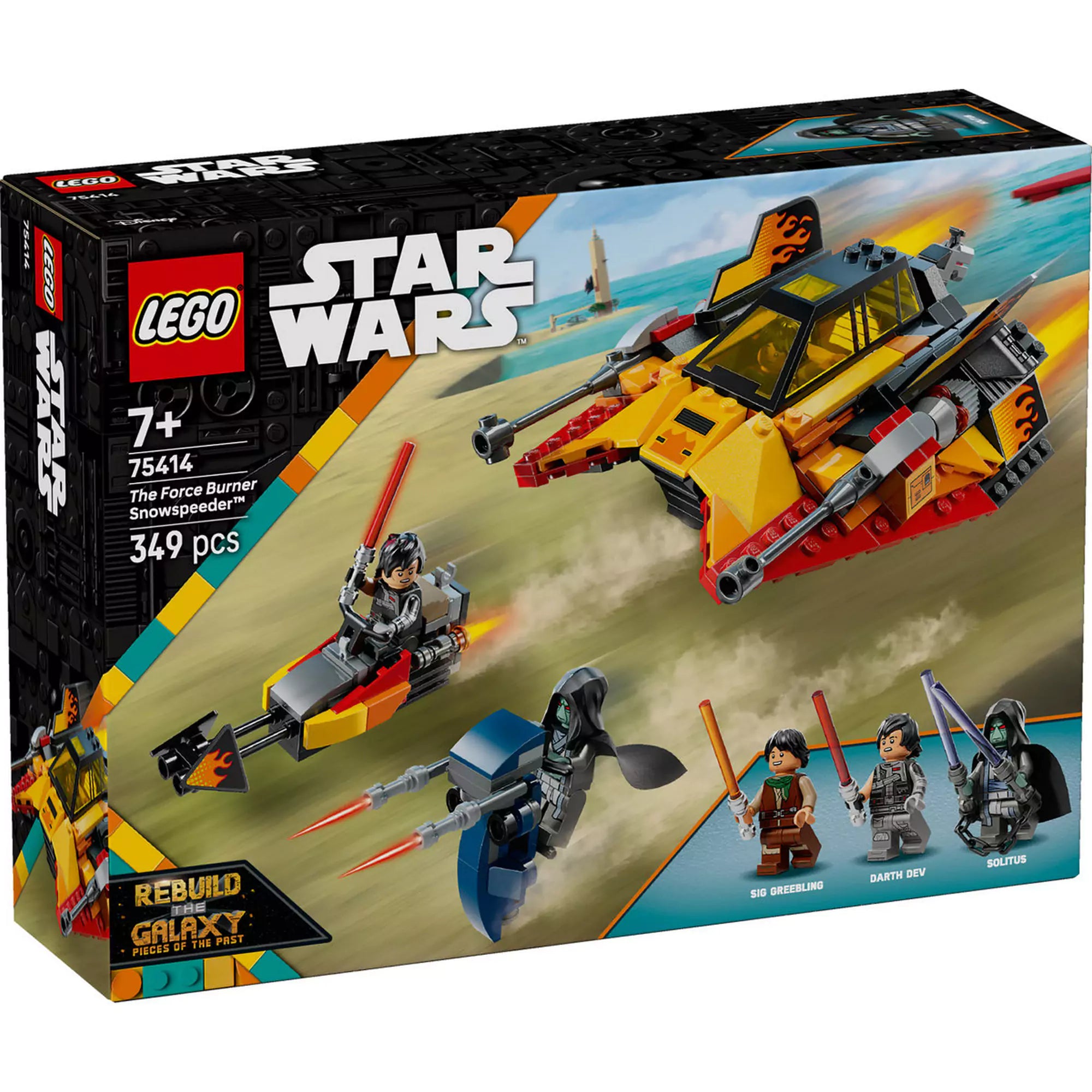 LEGO Star Wars: Force Burner hósikló 75414 dobozkép – A készlet eleje látható a lángmintás hósiklóval, STAP járművel és 3 minifigurával: Sig Greebling, Darth Dev és Solitus.