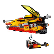 LEGO Star Wars: Force Burner hósikló 75414 funkció bemutató – A nyitható pilótafülkéből kicsúsztatható gyorsjáratú motorbicikli funkciójának illusztrációja.