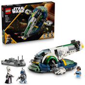 LEGO Star Wars: Jango Fett csillaghajója (75433) készlet dobozzal és összerakott modellel, a három LEGO minifigurával.