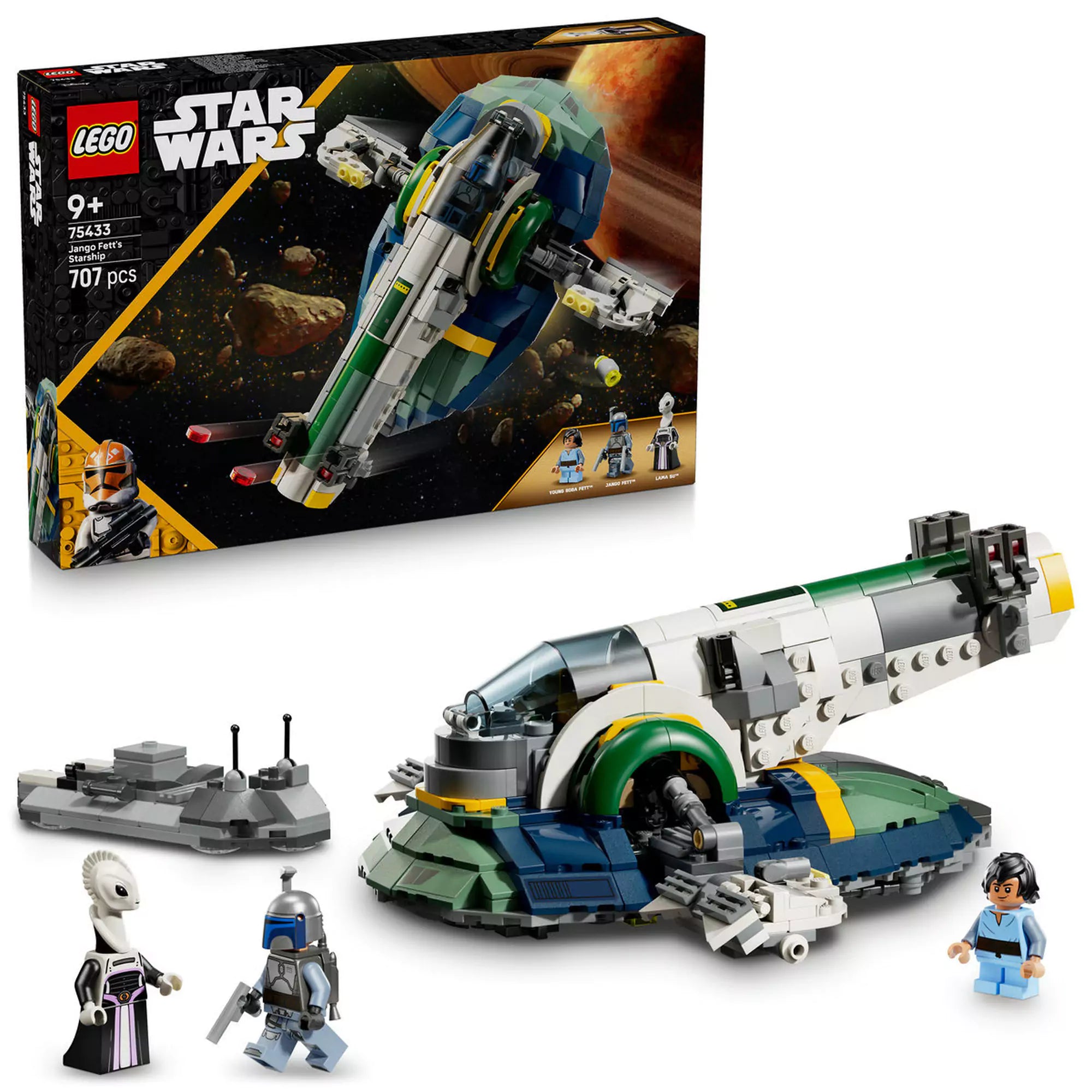LEGO Star Wars: Jango Fett csillaghajója (75433) készlet dobozzal és összerakott modellel, a három LEGO minifigurával.