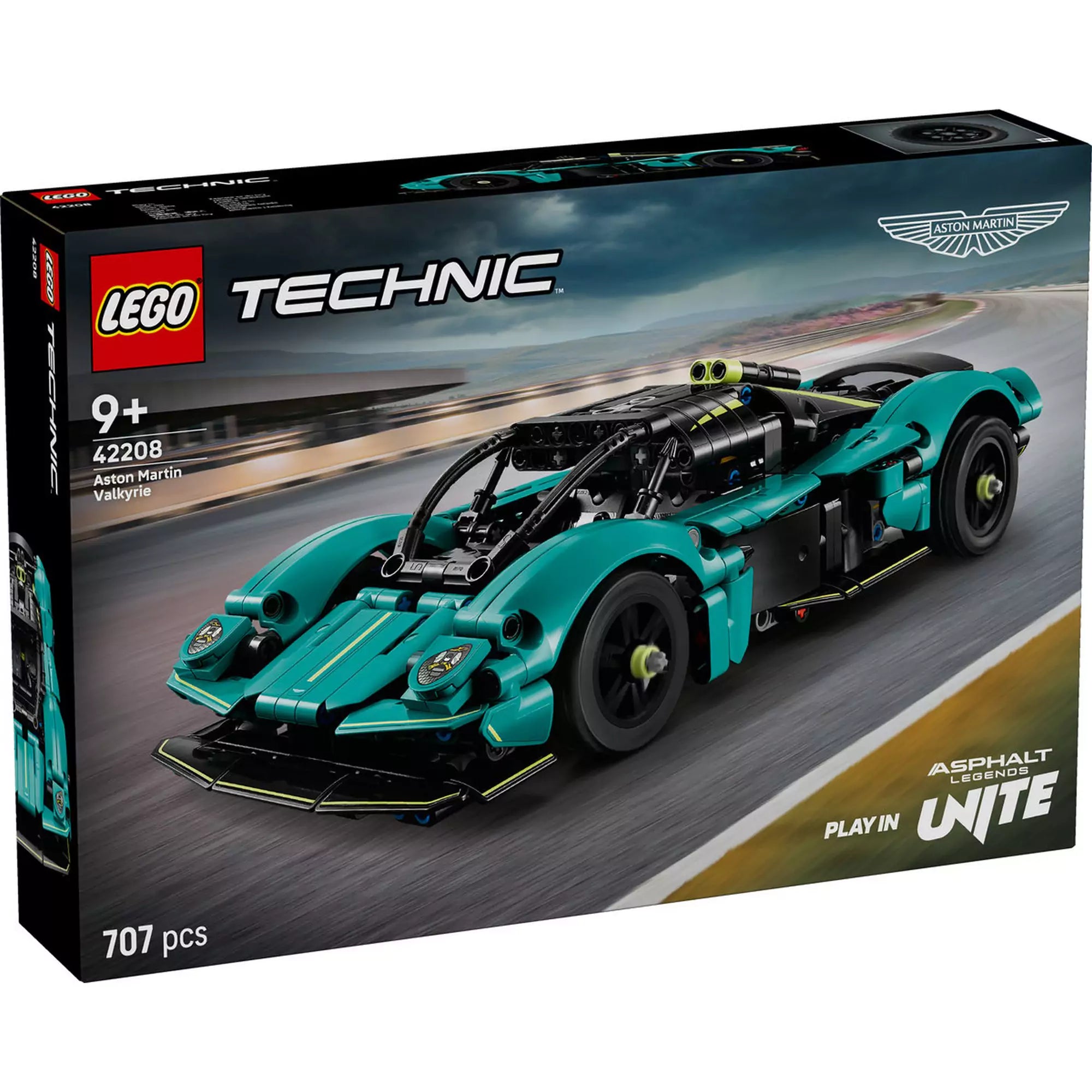 A LEGO Technic Aston Martin Valkyrie (42208) készlet dobozának eleje, amelyen a részletesen kidolgozott zöld-fekete sportautó látható versenypályán, 707 darabos megjelöléssel.
