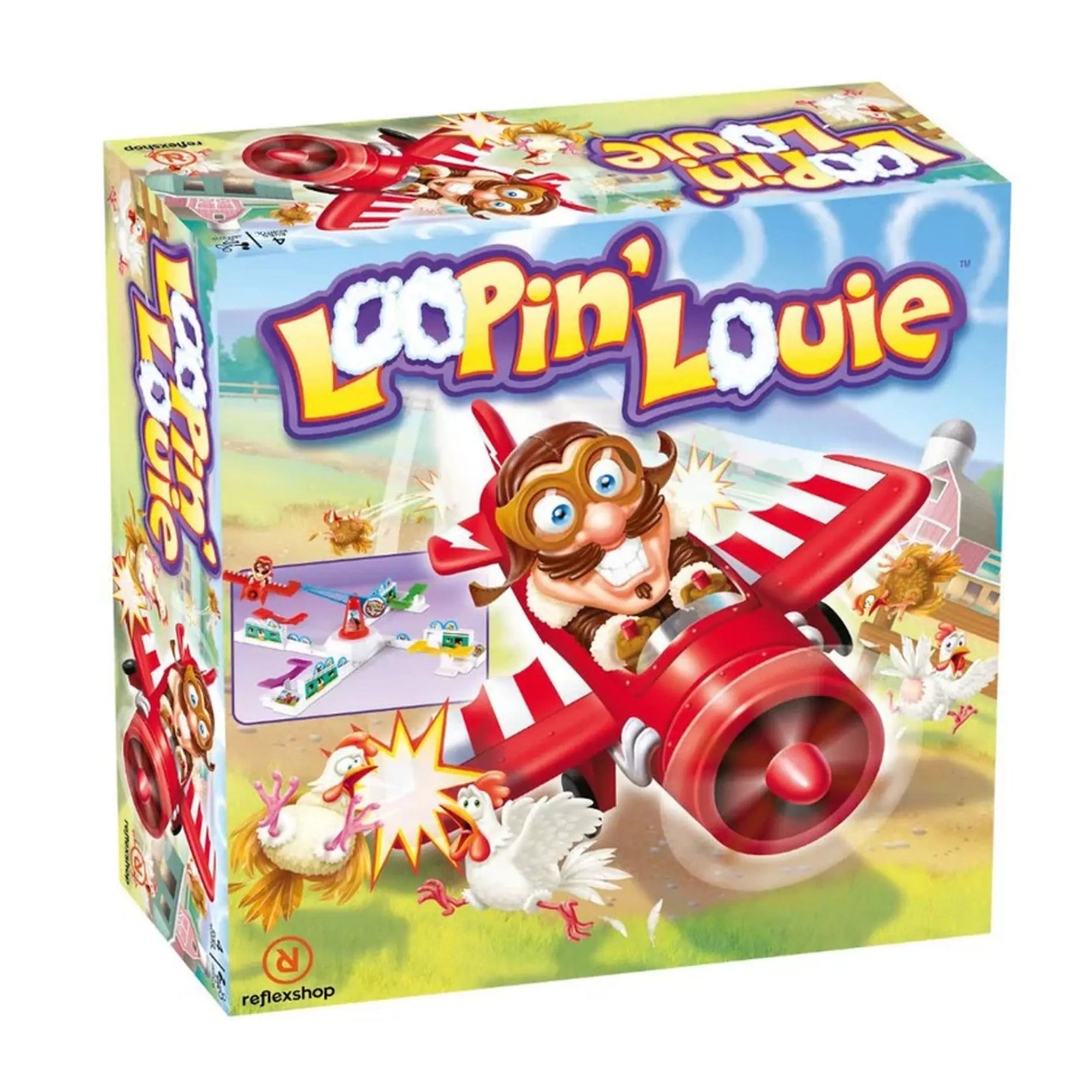 Loopin' Louie társasjáték vidám, színes doboza, rajta a piros repülőben ülő Louie karakterével, aki csirkéket kerget a farmon.