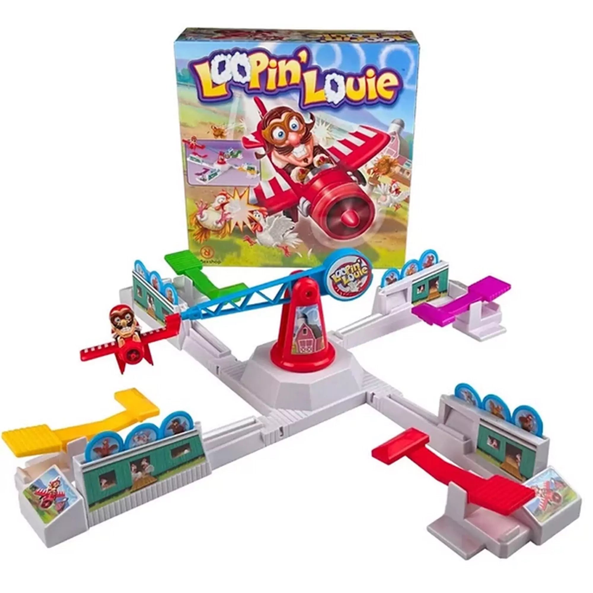 Felállított Loopin' Louie társasjáték játéktér, középen a mozgó karra rögzített repülőgéppel és négy színes játékosállással.