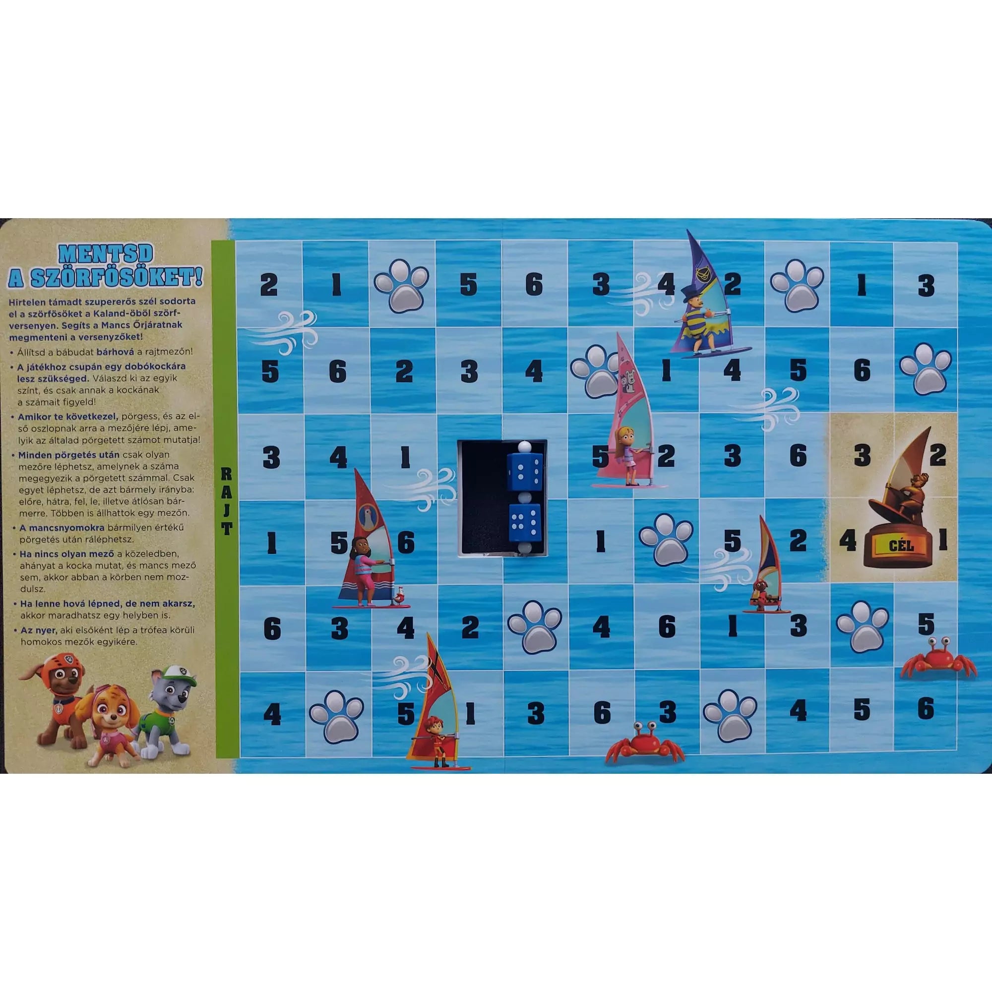 "Mancs Őrjárat: Pörgess és játssz! Együtt a csapat! – Mentsd a szörfösöket! társasjáték tábla, kék háttérrel, számmezőkkel és figurákkal."