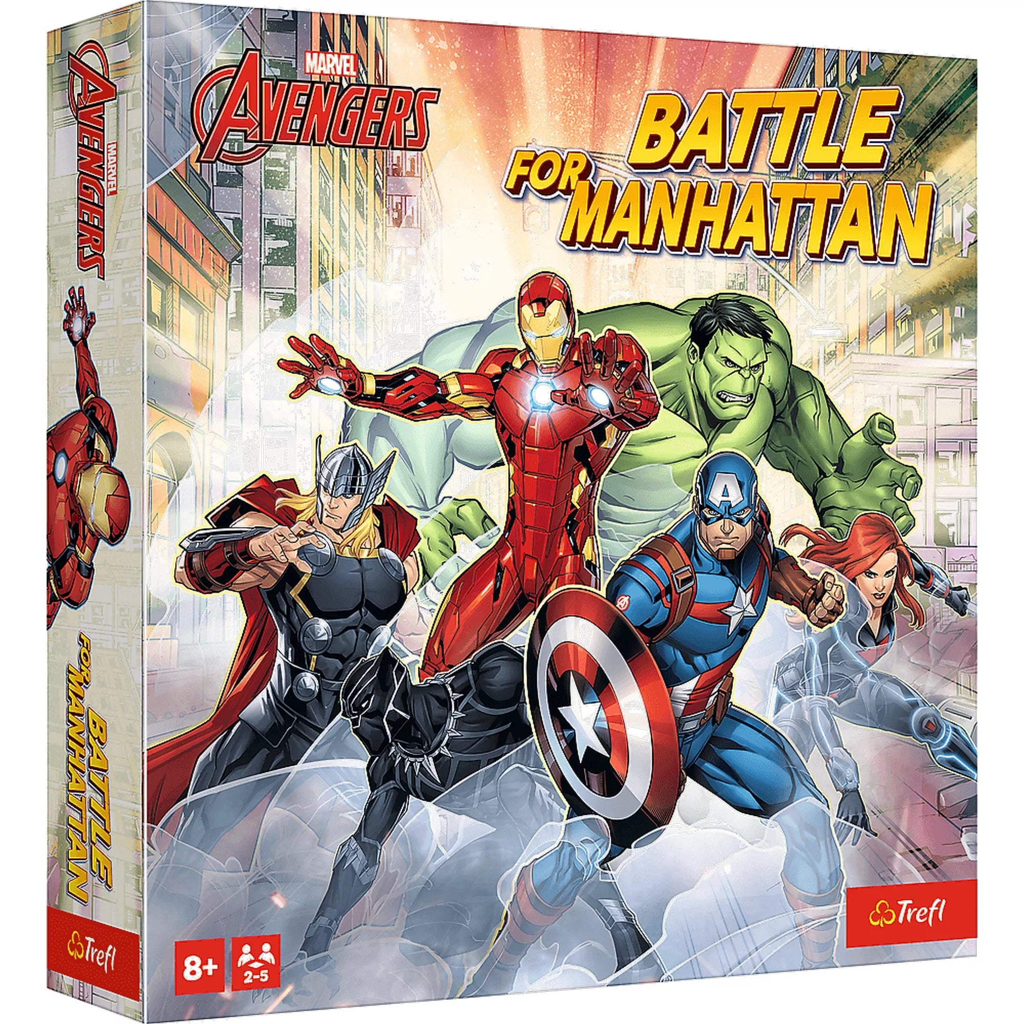 A Marvel: Battle for Manhattan társasjáték doboza látható, rajta a Bosszúállók hősei: Vasember, Thor, Hulk, Amerika Kapitány, Fekete Özvegy és Fekete Párduc. A színes, akciódús borító Manhattan utcáit idézi meg, a játék 8 éves kortól, 2–5 játékos számára ajánlott.