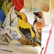 Mesél az erdő – Karácsony részlet – Közeli kép a könyv 3D illusztrációjáról, amelyen egy sárga és barna madár ül hóborította ágakon.