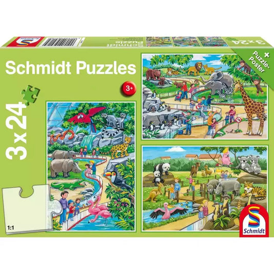 Puzzle Schmidt: O zi la grădina zoologică, Set de 3 x 24 piese + Cadou: poster