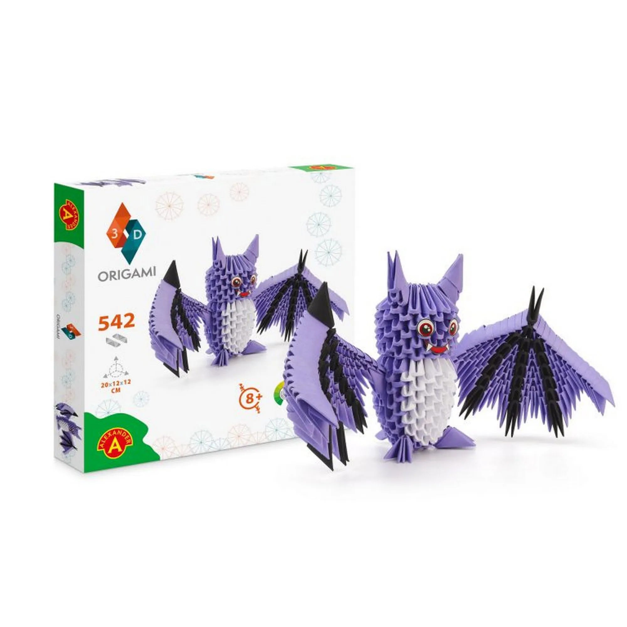 Origami 3D Denevér készlet – doboz és elkészült 3D papír denevér figura, részletes kidolgozással és 542 hajtogatott elemmel.