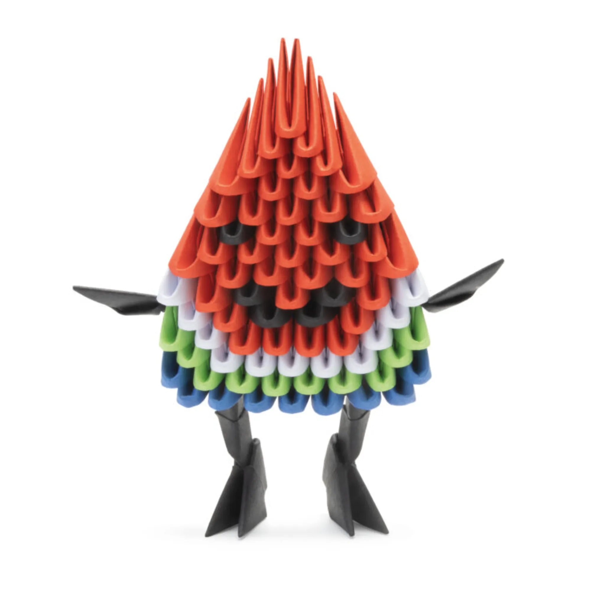 Origami 3D Görögdinnye kész figura, piros, zöld, fekete és fehér papírmodulokból összeállítva, élethű és színes 3D hatással.