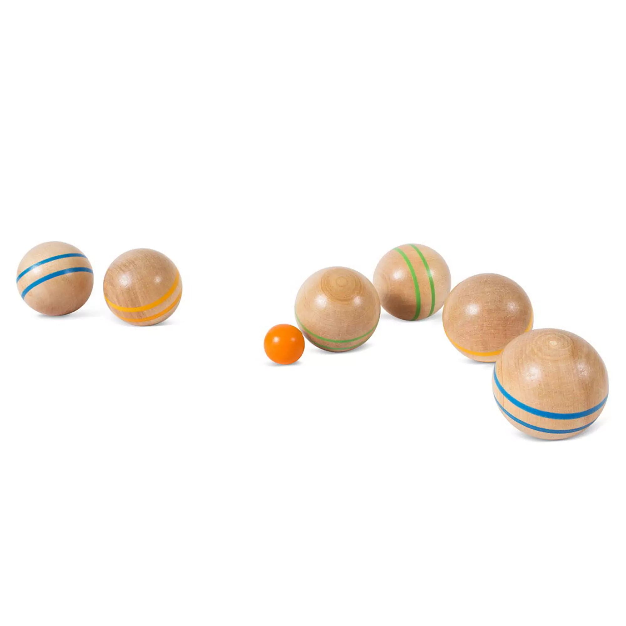 Petanque, ügyességi játék, BS Toys – fa golyók és narancssárga célgolyó fehér háttéren.