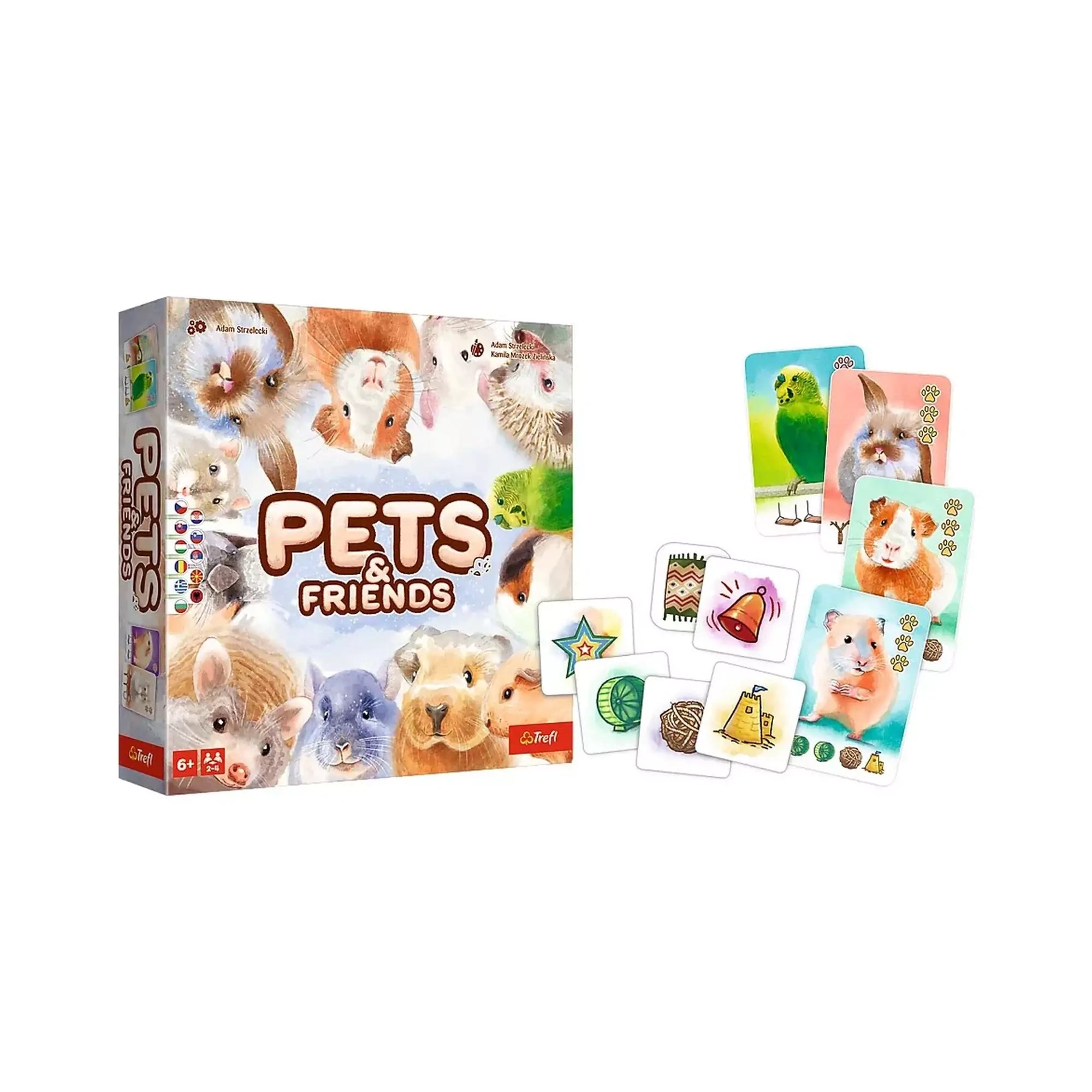 Pets & Friends társasjáték doboza és tartalma: kisállatkártyák és szimbólumkorongok vidám grafikákkal.