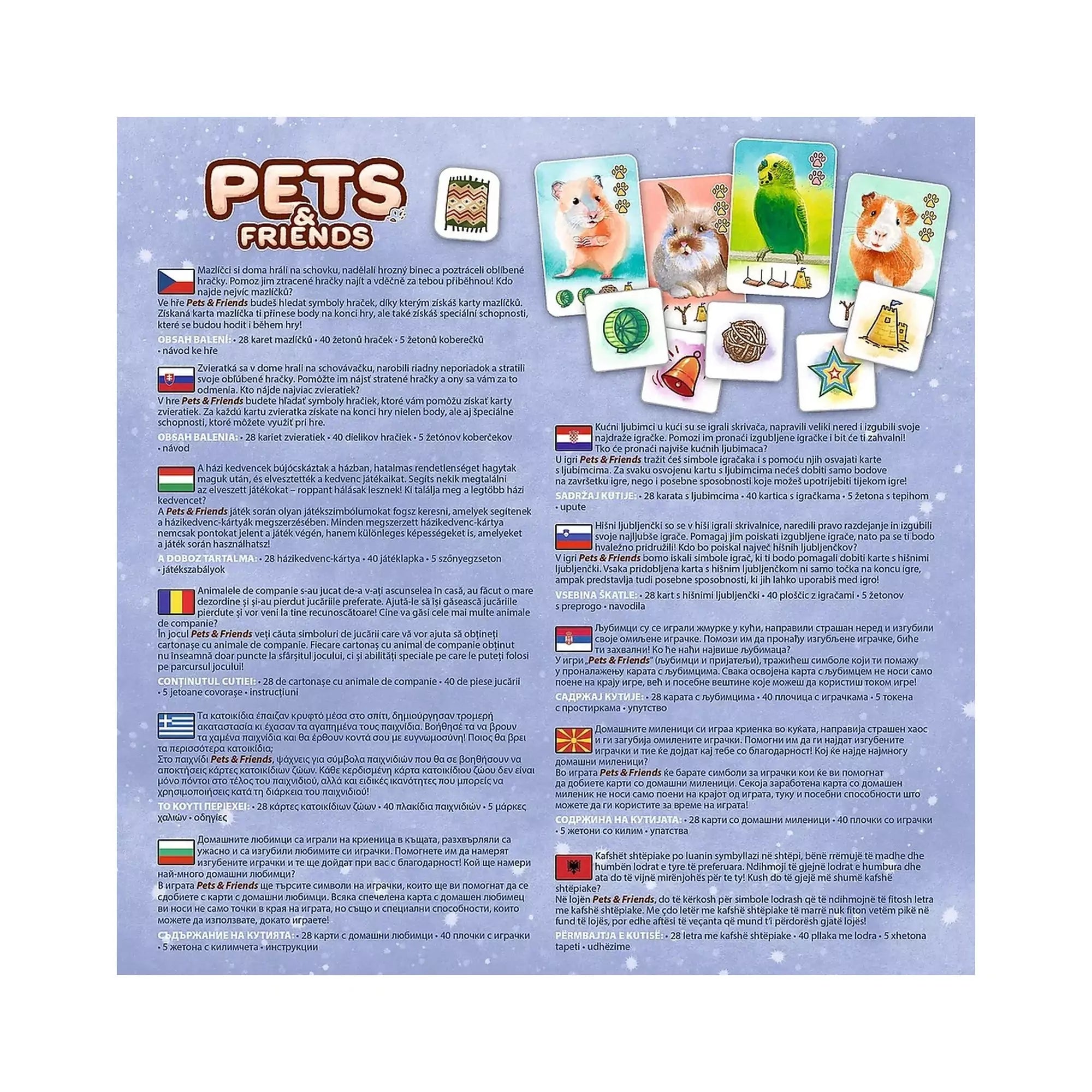 Pets & Friends társasjáték dobozának hátlapja részletes többnyelvű játékleírással és illusztrációkkal.