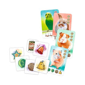 Pets & Friends társasjáték kártyái különféle kisállatfigurákkal és színes játékkorongokkal.