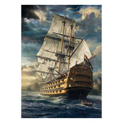 „Puzzle Schmidt: Vitorlás hadihajó – 1000 darabos kirakó képe részletesen kidolgozott angol hadihajóval, vitorlákkal és csónakkal a tengeren.”