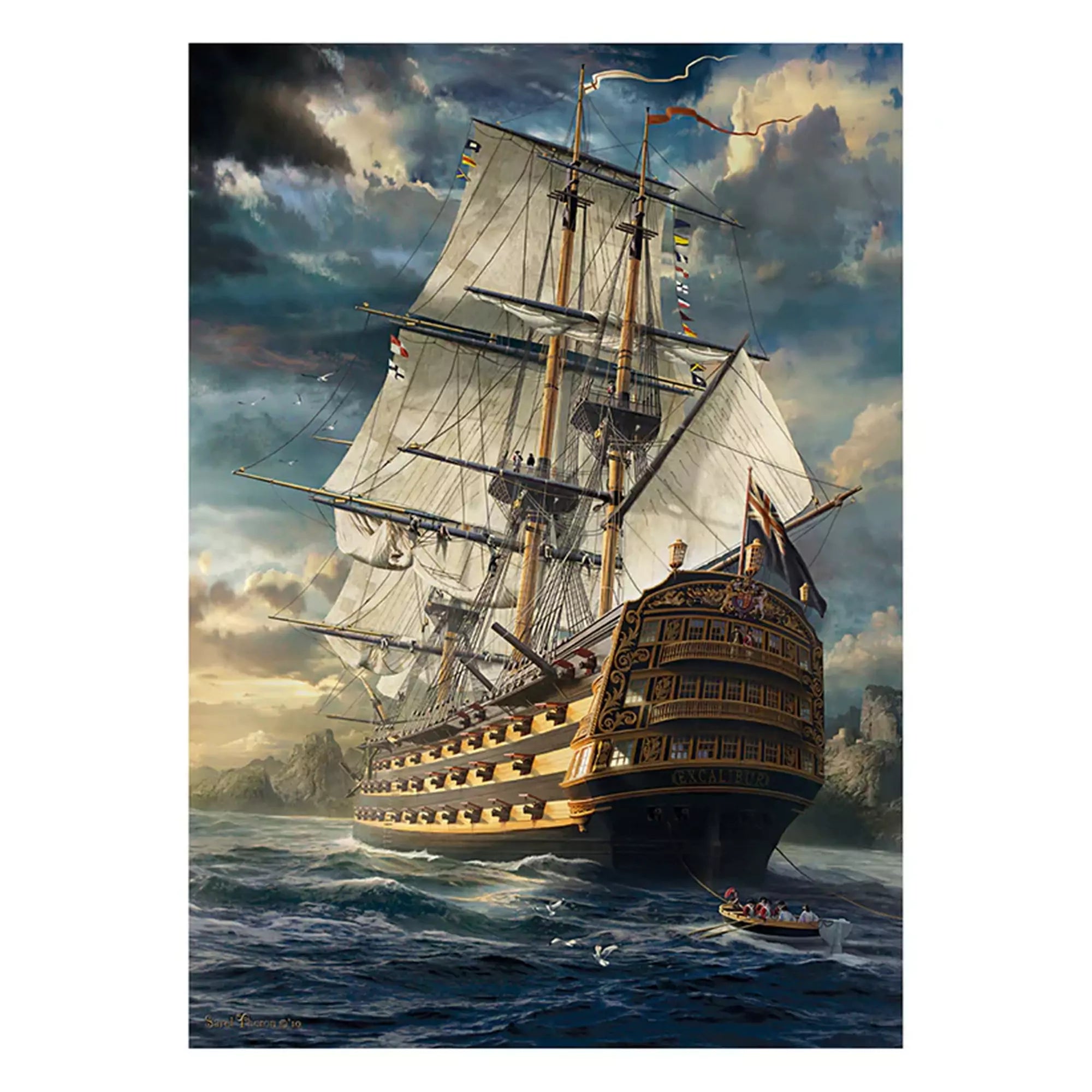 „Puzzle Schmidt: Vitorlás hadihajó – 1000 darabos kirakó képe részletesen kidolgozott angol hadihajóval, vitorlákkal és csónakkal a tengeren.”