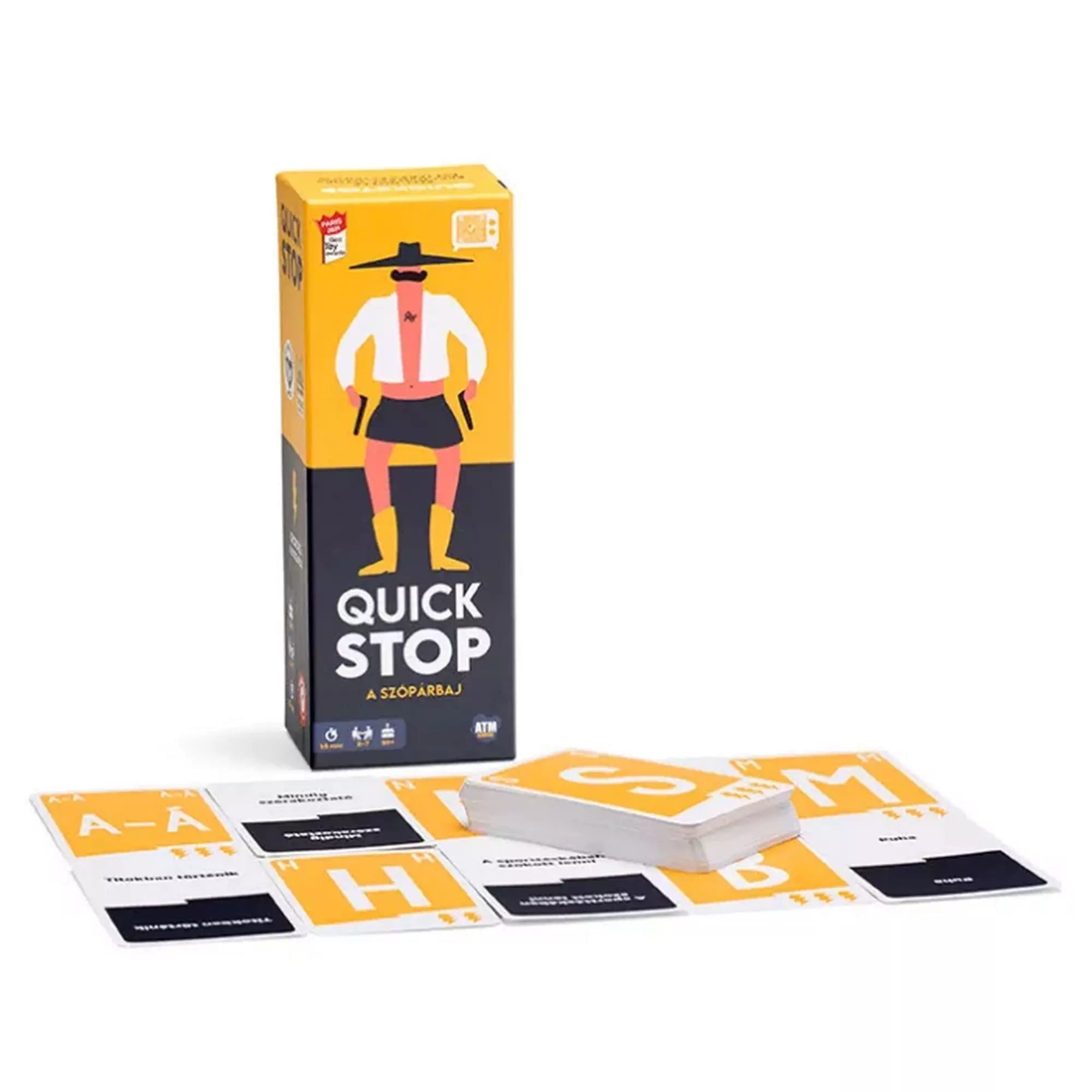 „A Quick Stop – A szópárbaj társasjáték doboza és tartalma: betűkártyák és témakártyák színes elrendezésben, gyors reakciókra épülő partijátékhoz.”