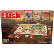 A Risk társasjáték hátoldala, amely bemutatja a játéktáblát, figurákat és a játék célját – a világ meghódítását.
