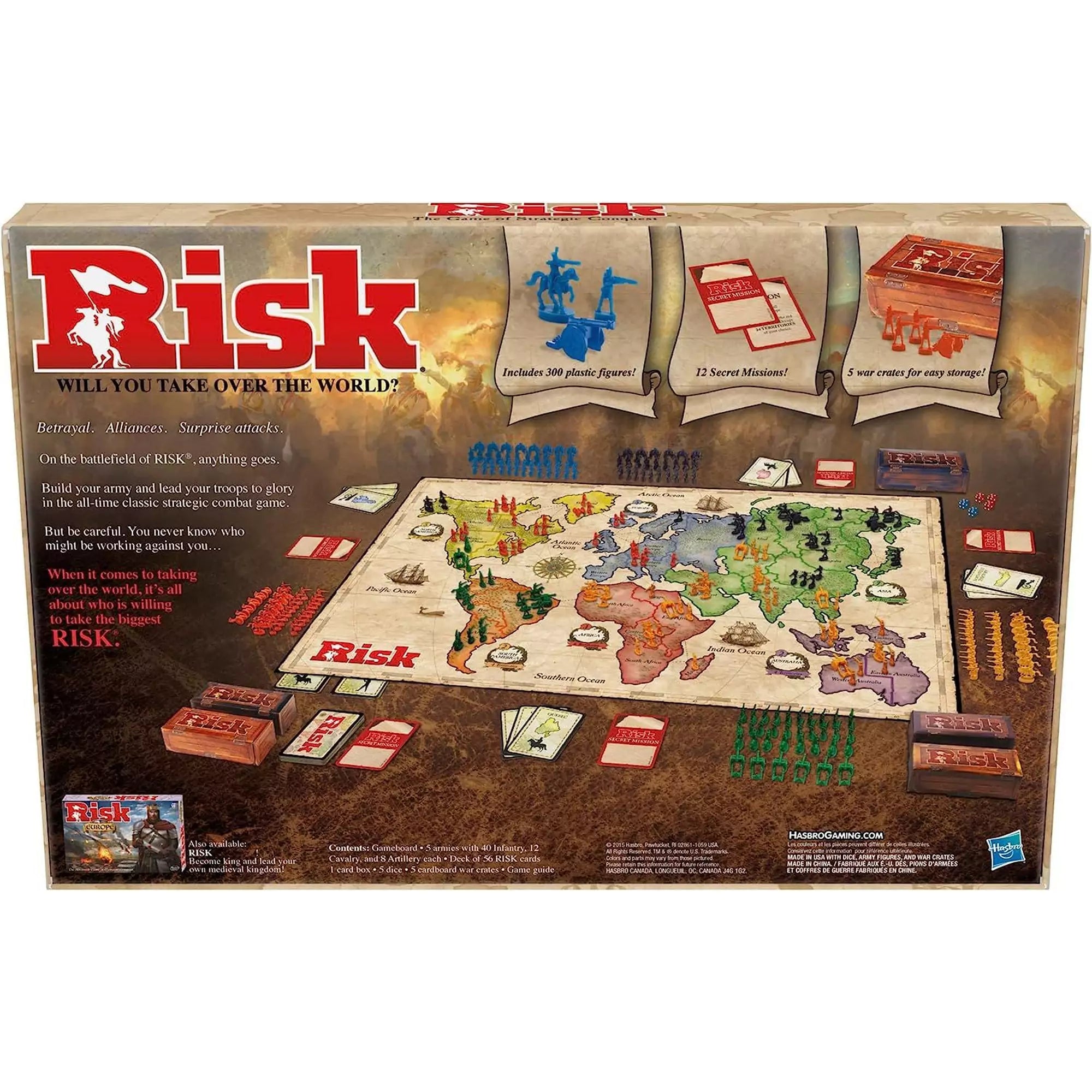 A Risk társasjáték hátoldala, amely bemutatja a játéktáblát, figurákat és a játék célját – a világ meghódítását.