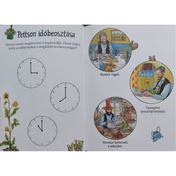 A „Pettson időbeosztása” oldal, ahol három óra mutatja az időpontokat, amelyeket a gyerekeknek a megfelelő tevékenységekhez kell párosítani – reggeli, keresztrejtvényfejtés és barkácsolás illusztrációkkal.