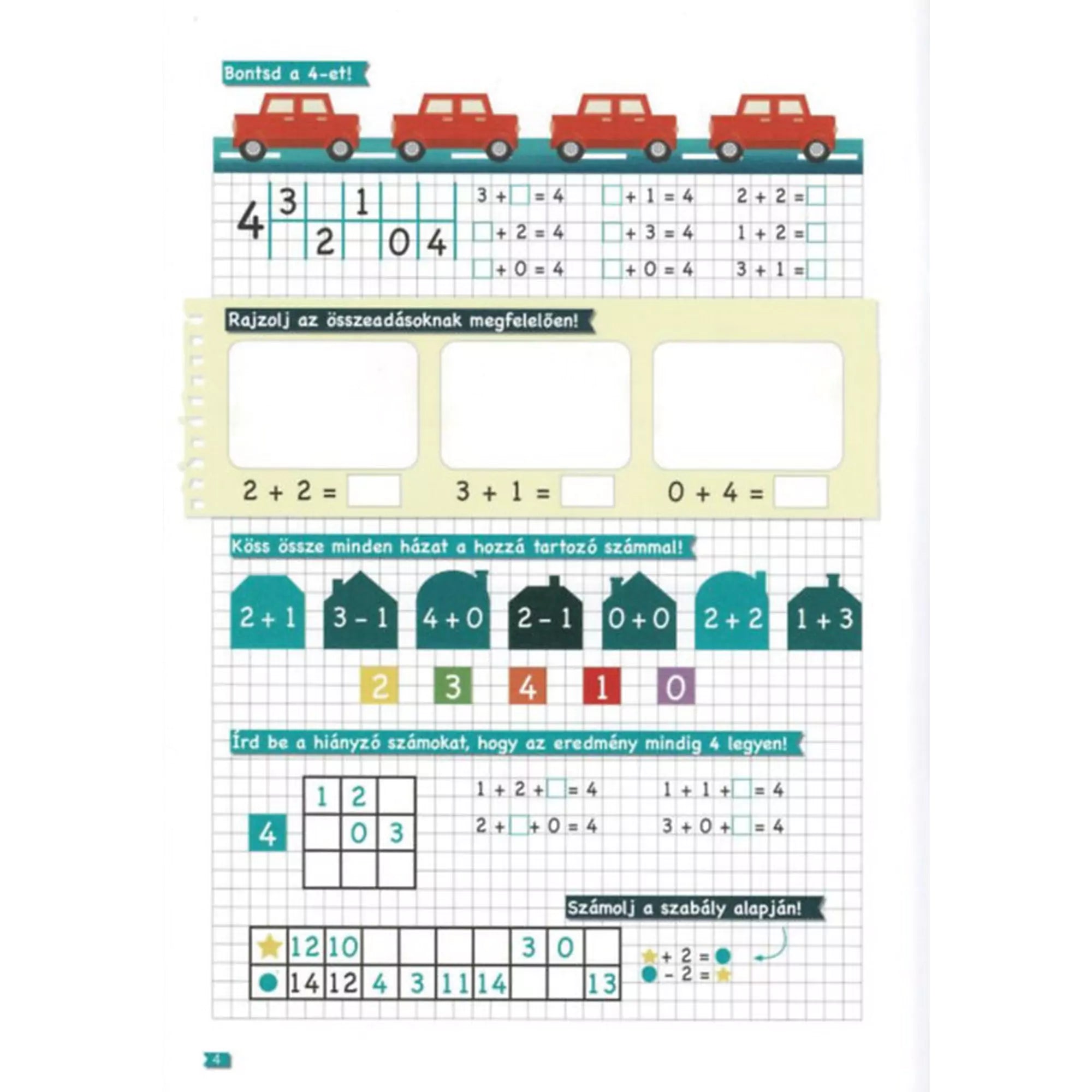 Tanoda – Gyakorló feladatok elsősöknek 1. matekfeladatlap autókkal, összeadásokkal és számkereső játékkal.