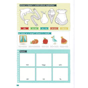 Rajzos magyar nyelvi feladatoldal az „elsősöknek 1.” Tanoda füzetből, szótagolási és betűfelismerési gyakorlatokkal.