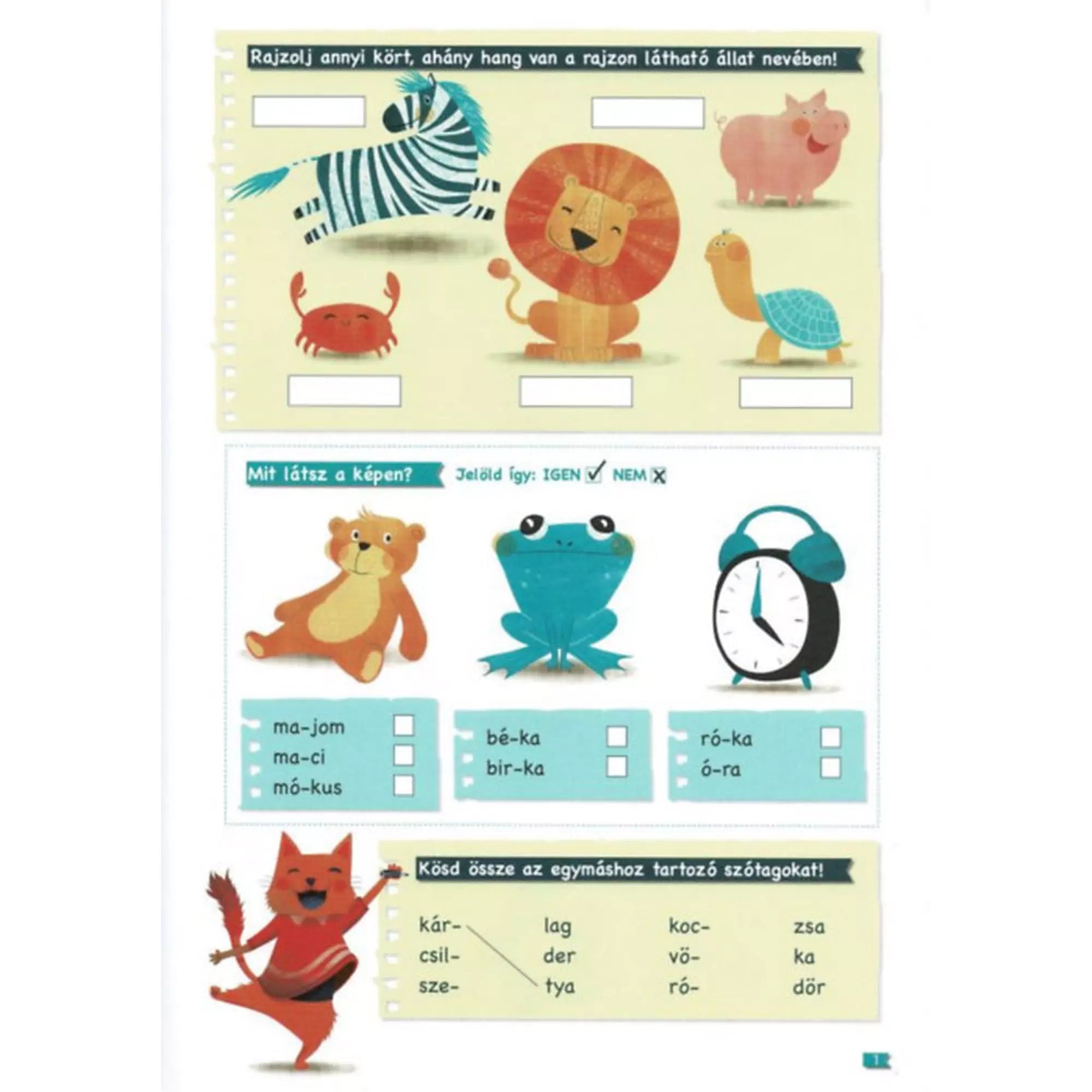 Játékos szótagolós feladat és képes szóalkotás oldal a Tanoda! Gyakorlófeladatok elsősöknek 2. füzetből.