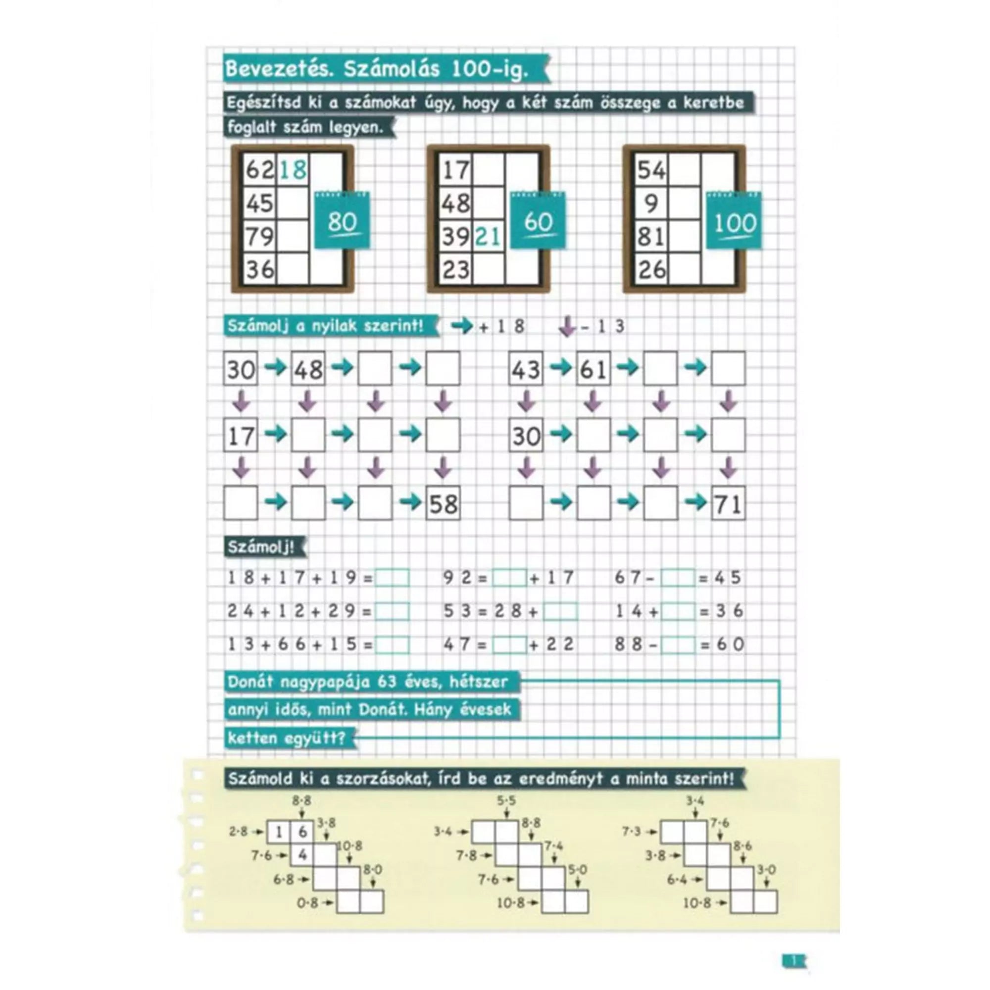 Szorzásos és számolási feladatokat tartalmazó oldal a Tanoda! Gyakorlófeladatok harmadikosoknak 1. kiadványból, képekkel illusztrálva.