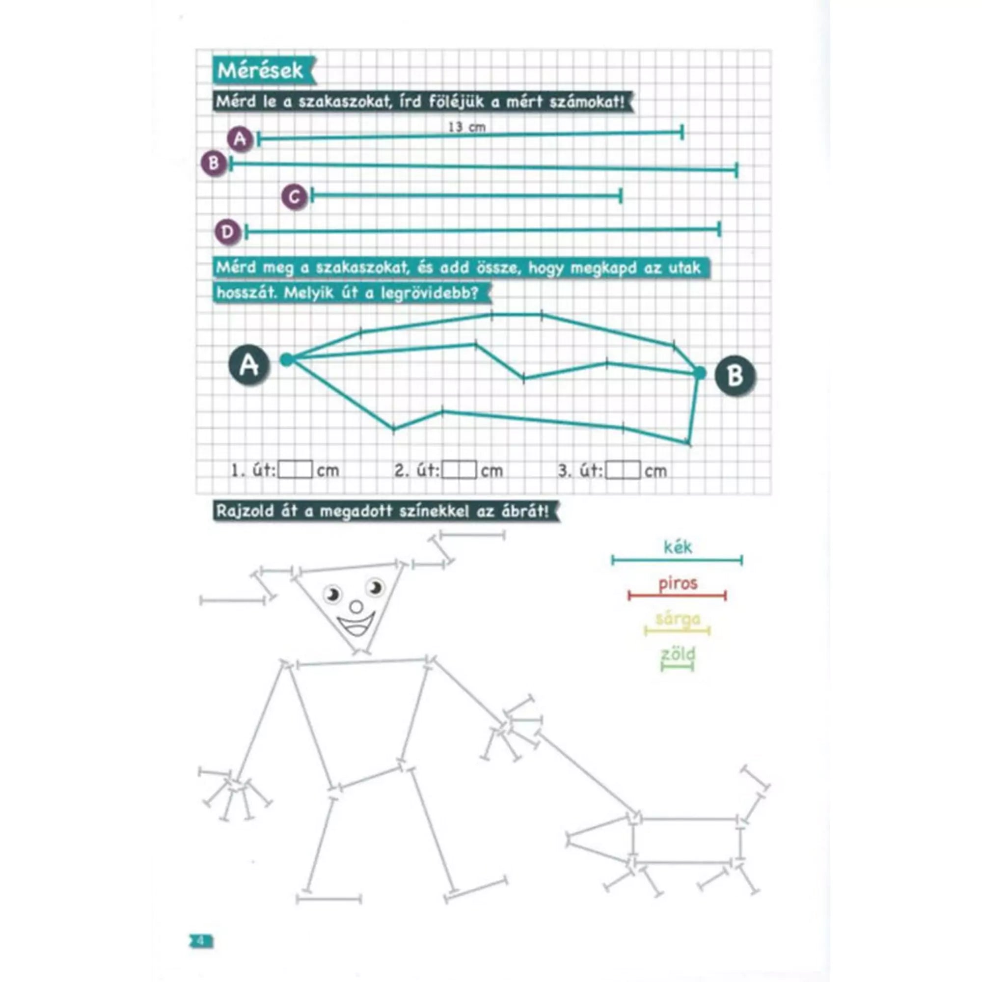 Mértékegység-átváltás, helyesírás és írásgyakorlat a Tanoda! Gyakorlófeladatok harmadikosoknak 1. füzet egyik oldalán.