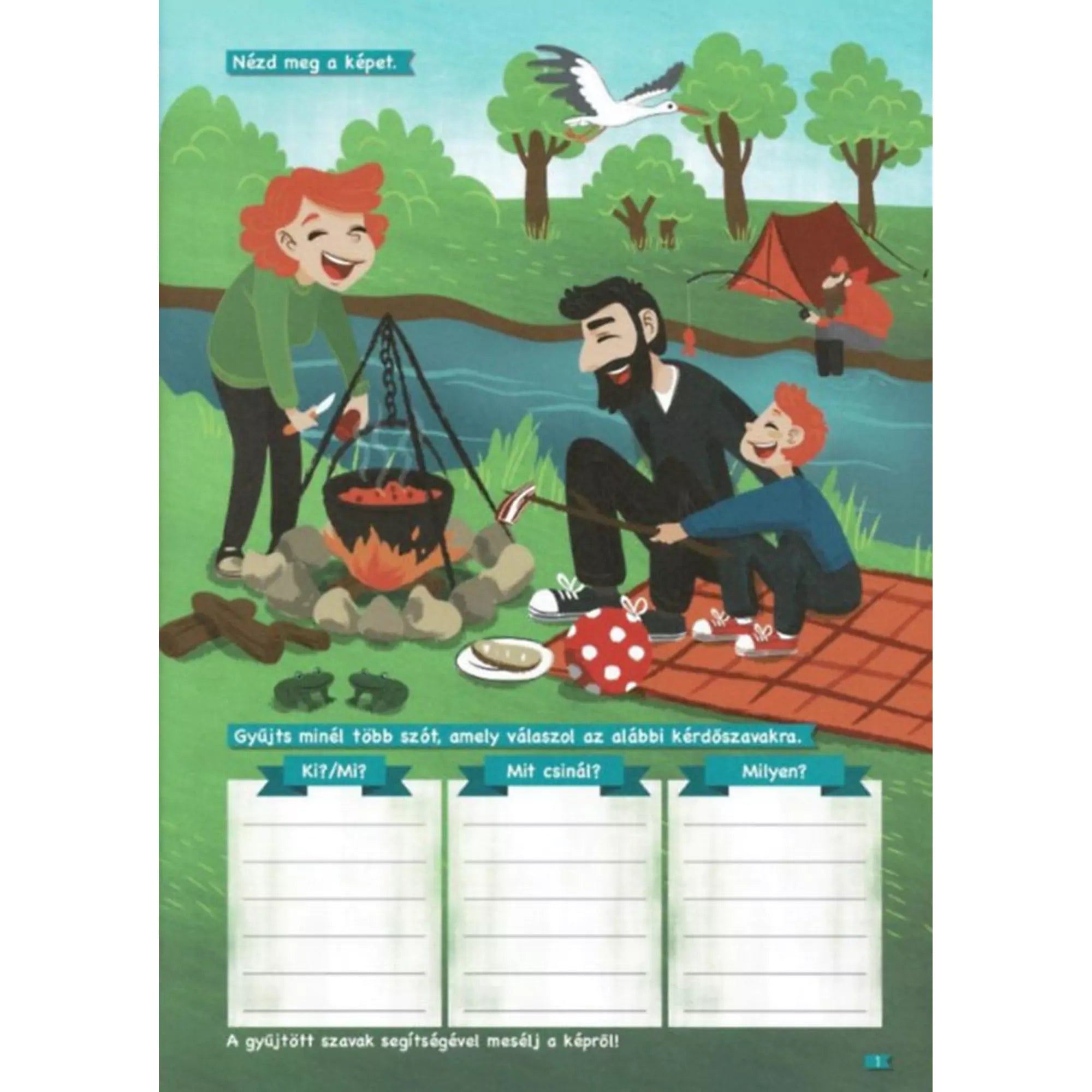 Oldal a Tanoda! Gyakorlófeladatok harmadikosoknak 2. kiadványból, képes szókincsfejlesztő feladattal egy családi piknik jelenet alapján.