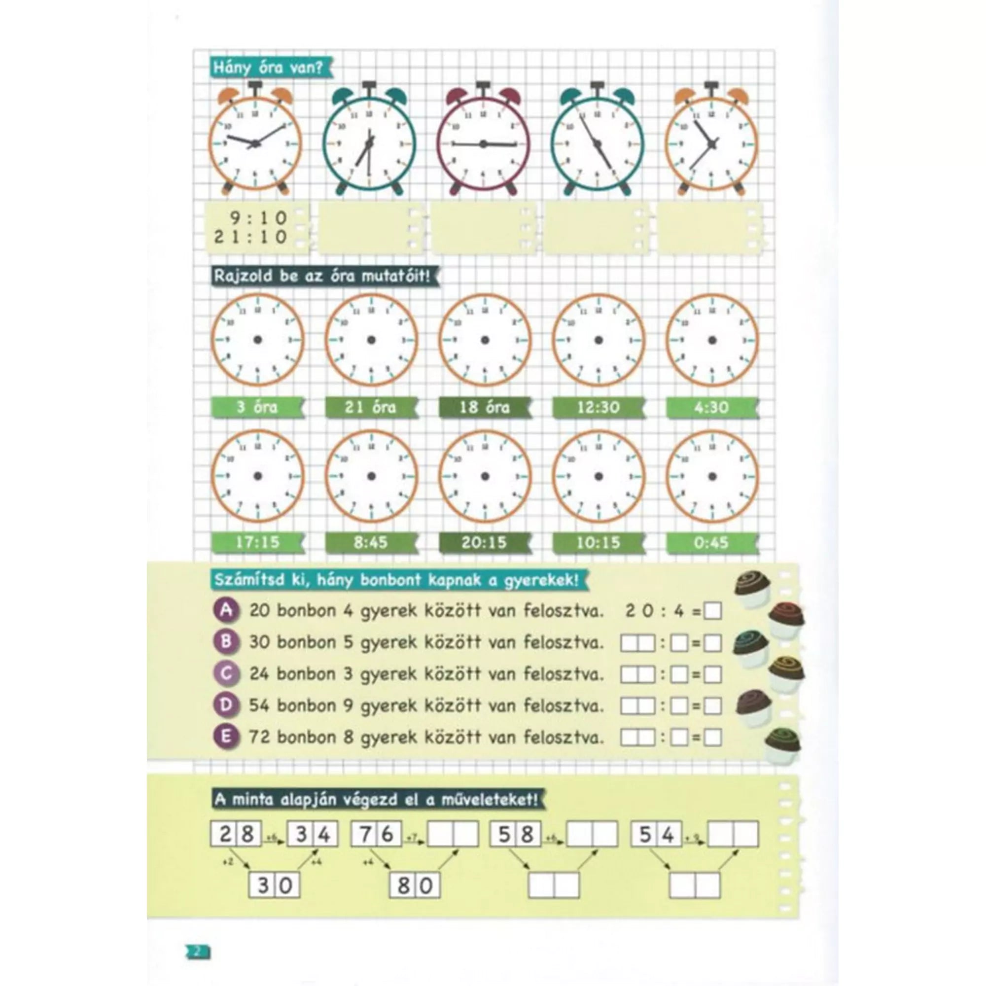 Óraolvasási és osztási gyakorlatokat tartalmazó oldal a Tanoda! Gyakorlófeladatok harmadikosoknak 2. füzetből.