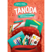 Tanoda gyakorlófeladatok negyedikeseknek 1. borítója, piros háttérrel, iskolaszerekkel és füzetekkel díszítve.