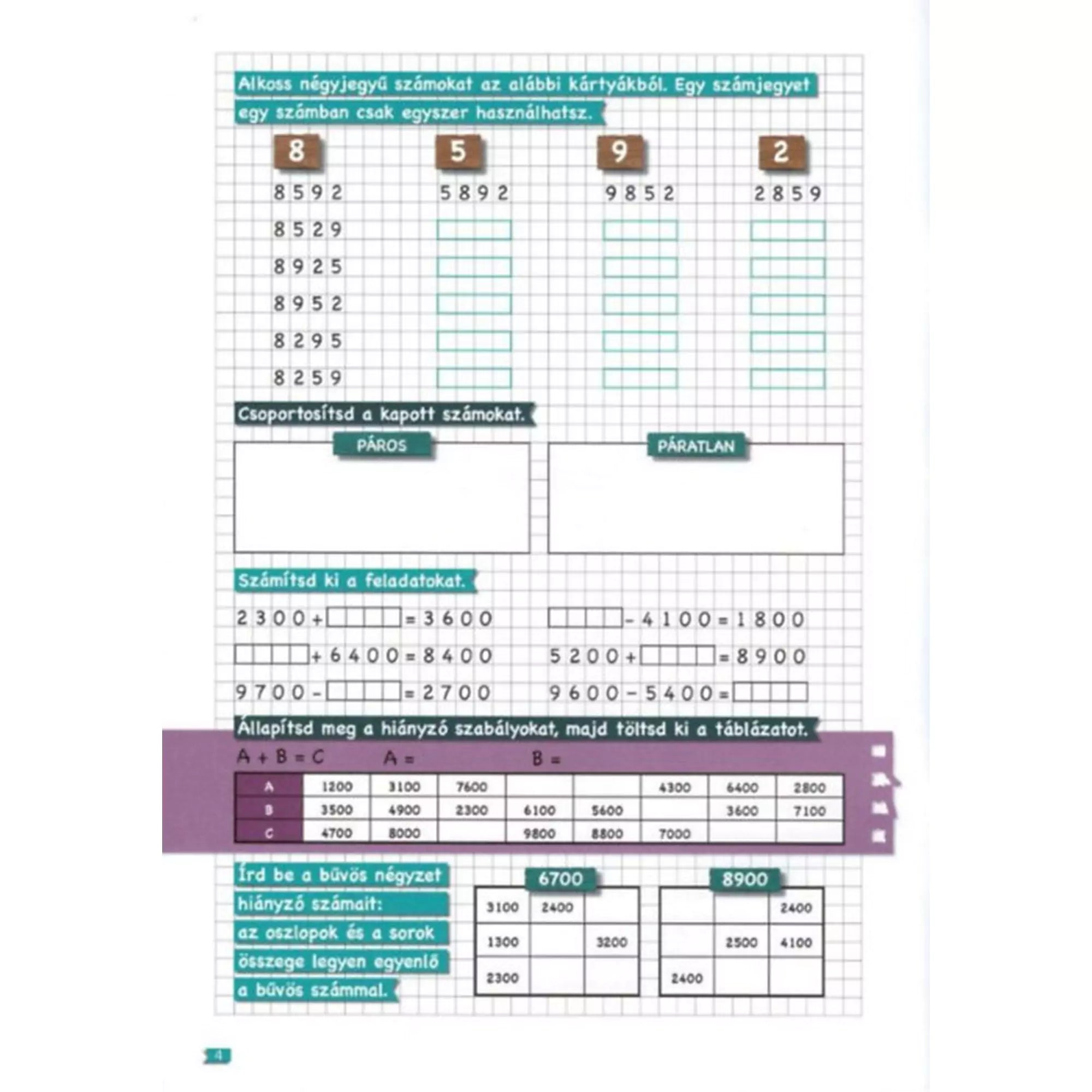 Matematikai feladatlap a Tanoda gyakorlófeladatok negyedikeseknek 1. munkafüzetből, négyjegyű számképzés, páros-páratlan számok és bűvös négyzetek gyakorlása.