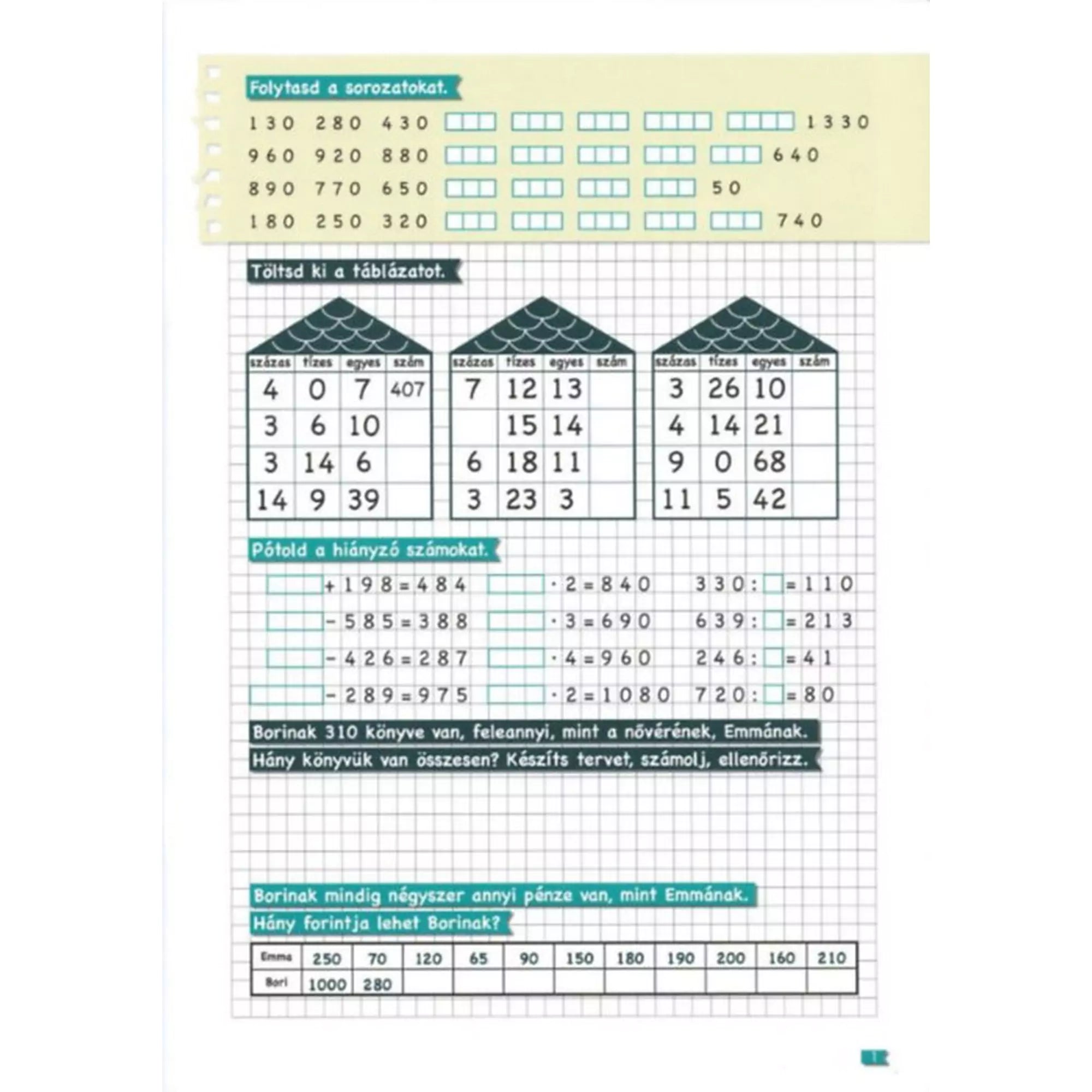 Oldal a Tanoda gyakorlófeladatok negyedikeseknek 1. munkafüzetből, számsorozatokkal, táblázatokkal és matematikai szöveges feladatokkal.