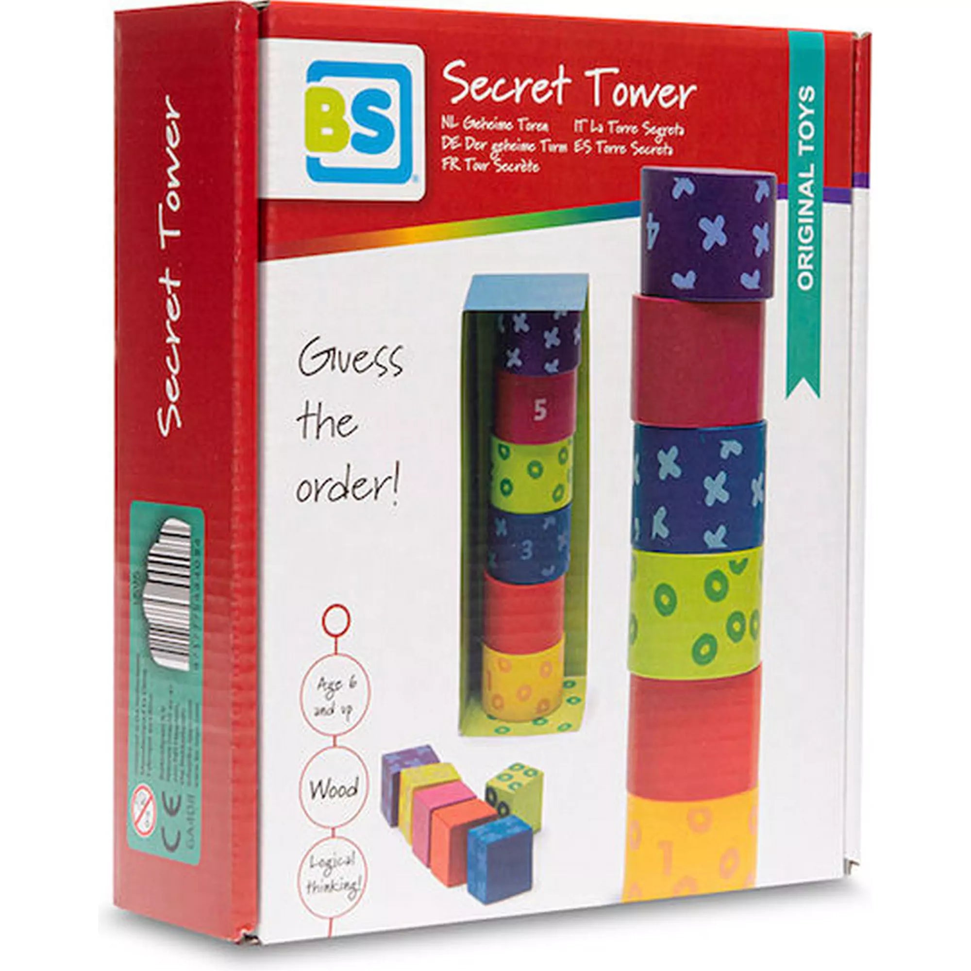 A Titkos Torony doboza, színes, hengeres faelemekkel és a „Guess the order!” felirattal, logikai gondolkodást fejlesztő játék 6 éves kortól.