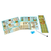 A Totemix játékhoz tartozó feladatlapok, pontozólapok, filctoll és kék kristály jelölők, valamint egy totemoszlop kártya.