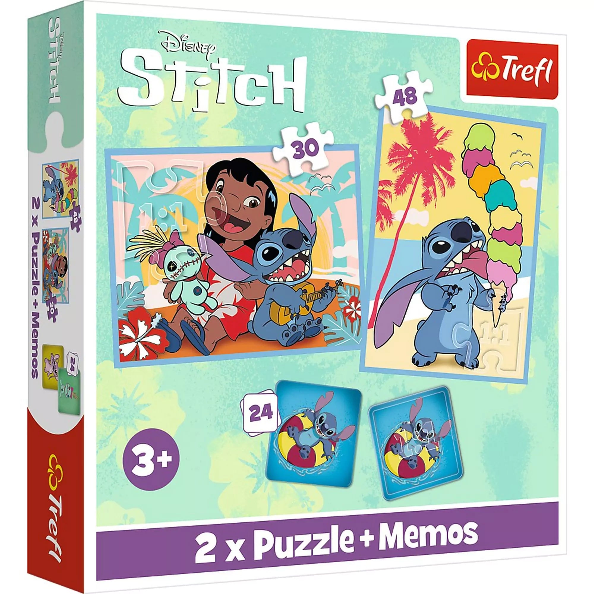 Trefl Lilo és Stitch 2 az 1-ben puzzle és memóriajáték doboz képe, 30 és 48 darabos kirakóval, valamint 24 darabos memóriajátékkal.