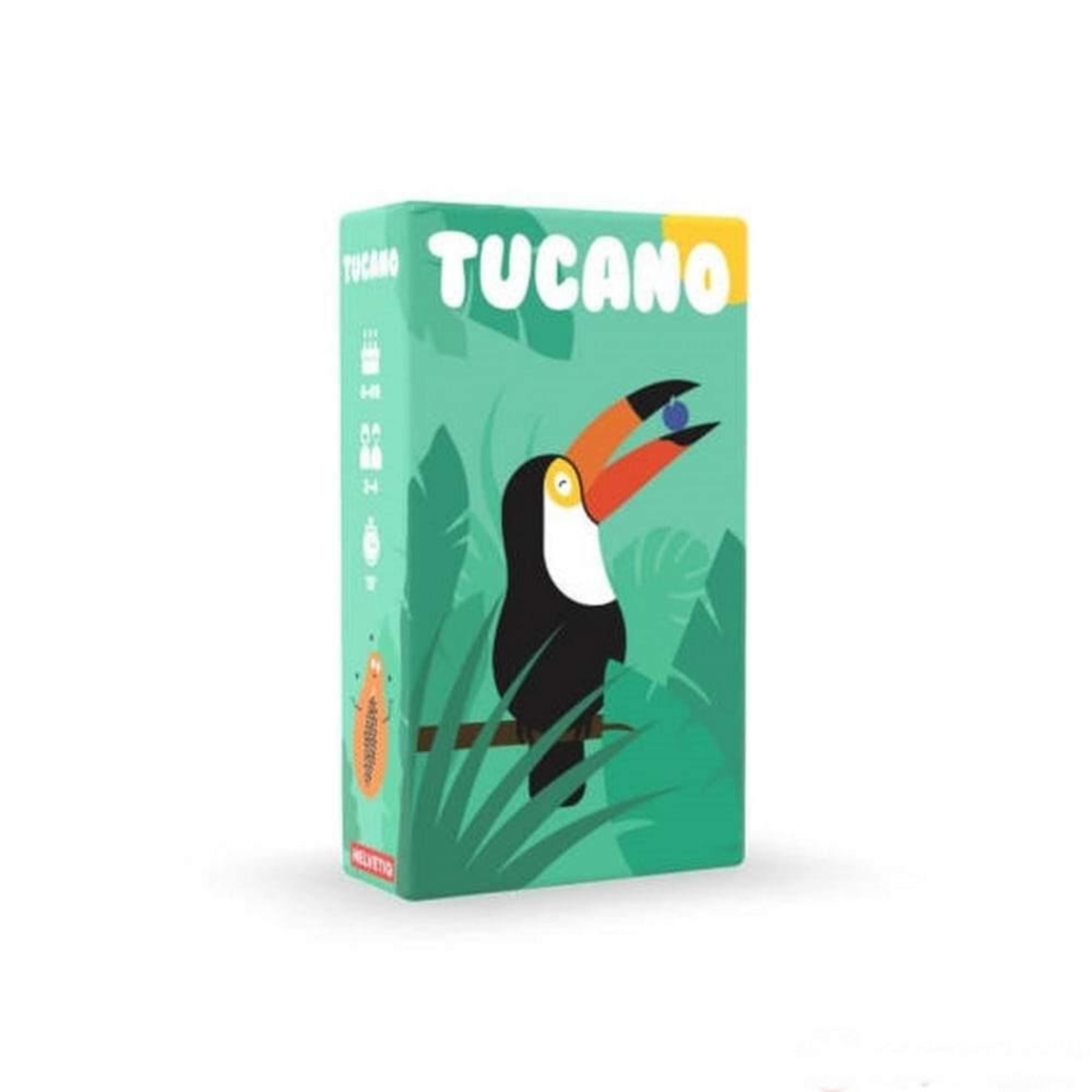 Tucano társasjáték doboza, rajta egy tukán és a dzsungel hangulatát idéző grafika.