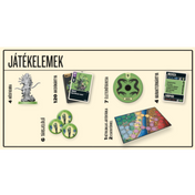 Unmatched játékelemek – A társasjáték tartozékai, beleértve a hősfigurákat, akciókártyákat, életpontjelzőket és a harci terepet.