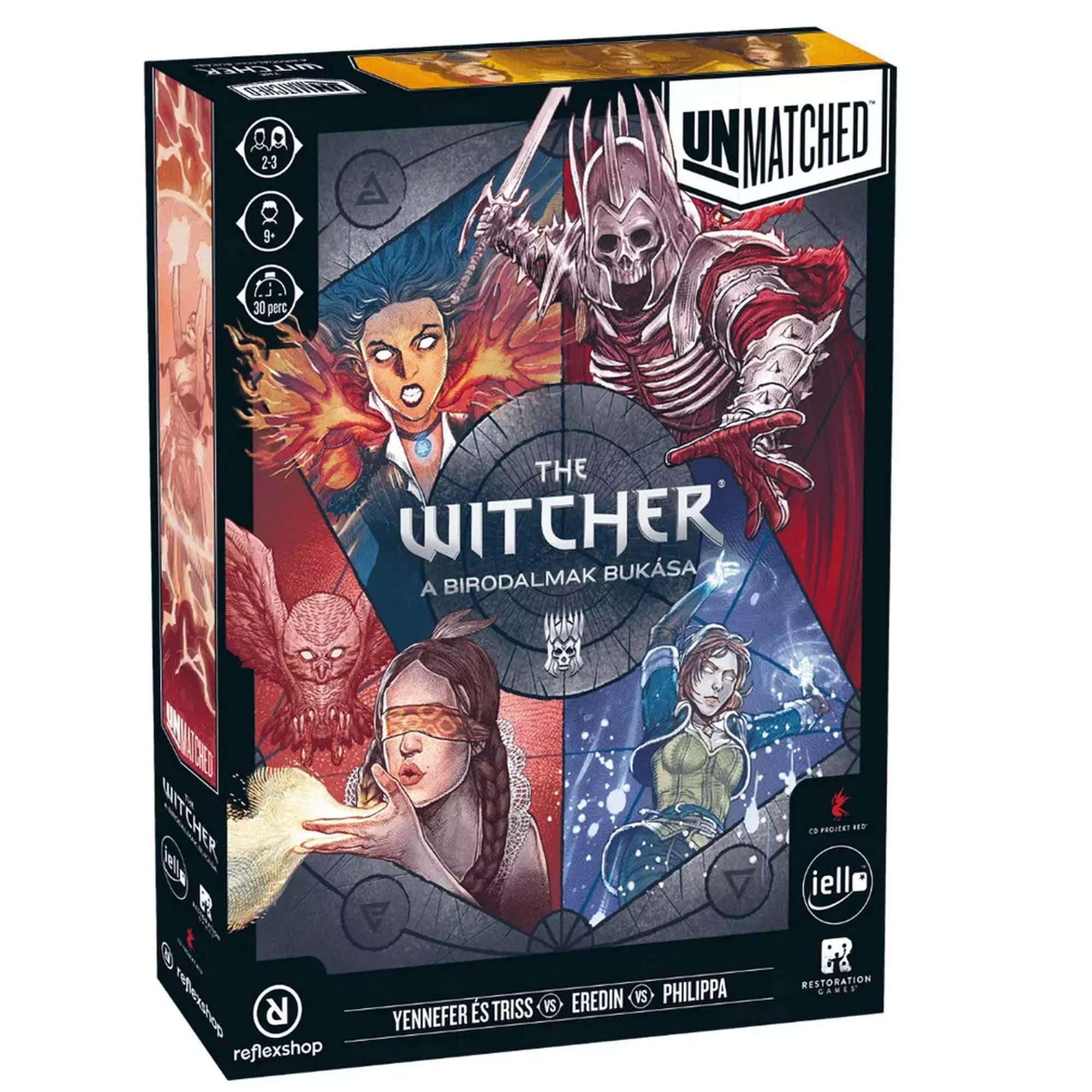 Az Unmatched: The Witcher – A birodalmak bukása társasjáték doboza, amelyen Yennefer, Triss, Eredin és Philippa karakterei láthatók színes, dinamikus illusztrációkon.
