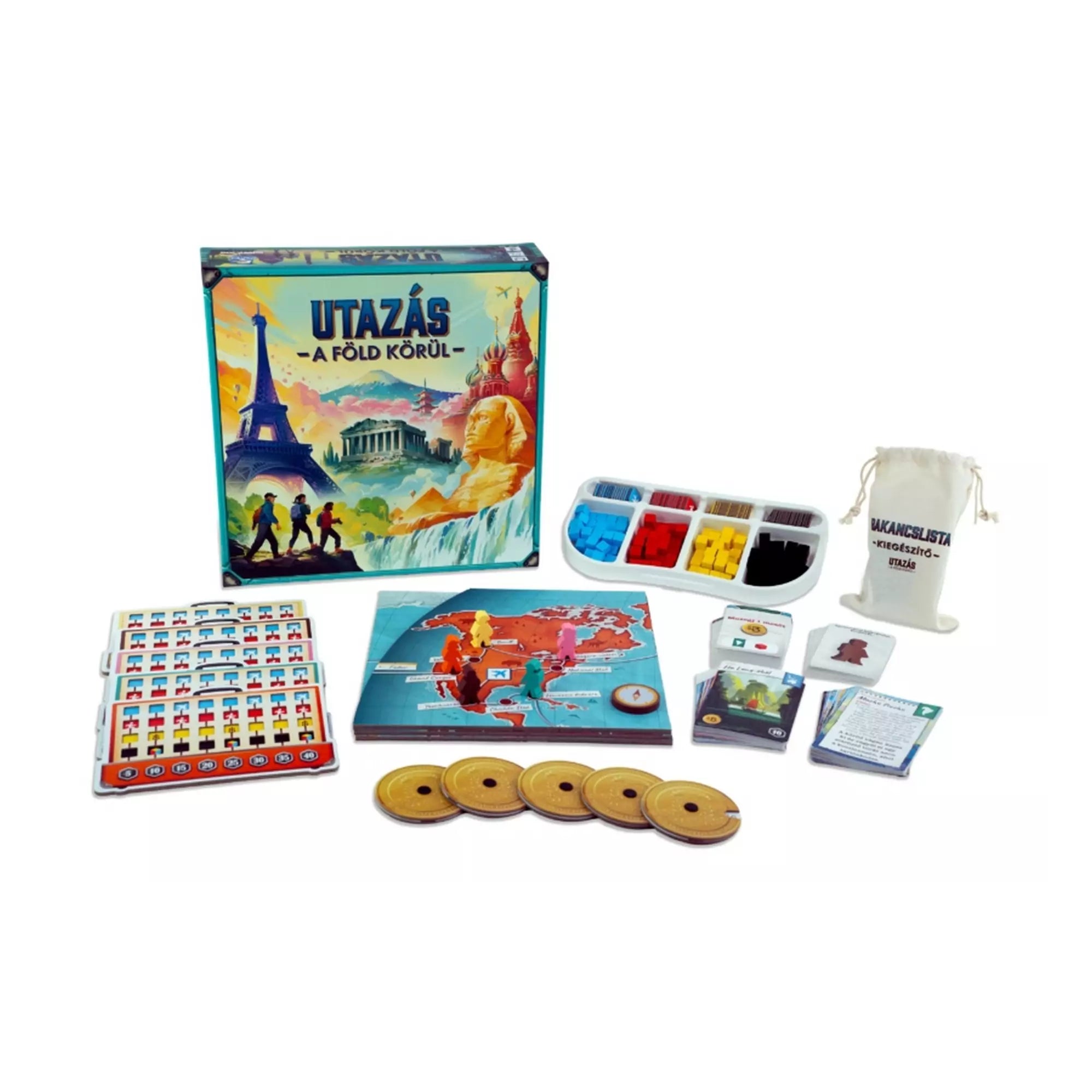Az Utazás a Föld körül társasjáték kibontott tartalma: játéktábla, színes bábuk, kártyák, jelölők, pontozótáblák és a Bakancslista kiegészítő vászonzsákban.