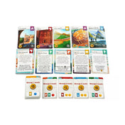 Az Utazás a Föld körül társasjáték ikonikus helyszínkártyái, köztük a Kínai nagy fal, Petra, a Colosseum és a Machu Picchu.